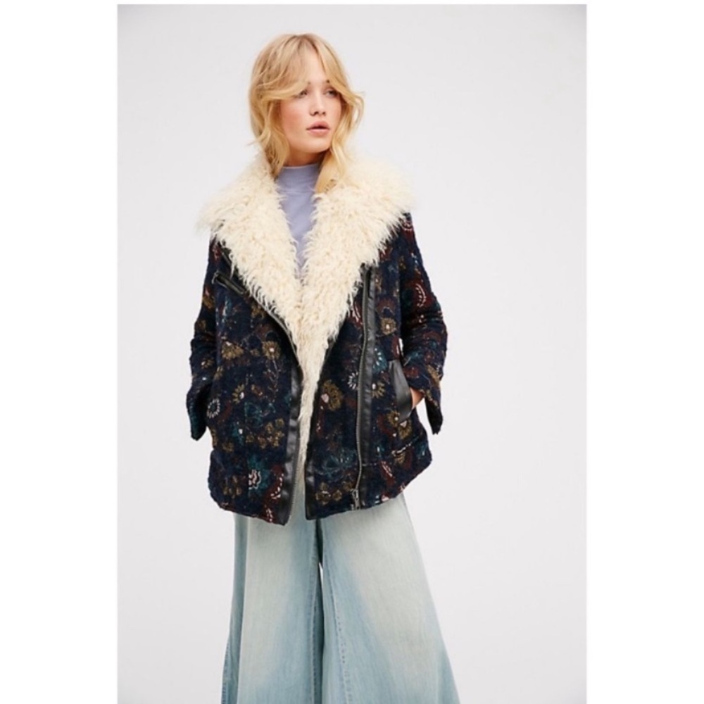 Free People Floral Jacquard Faux Fur Coat